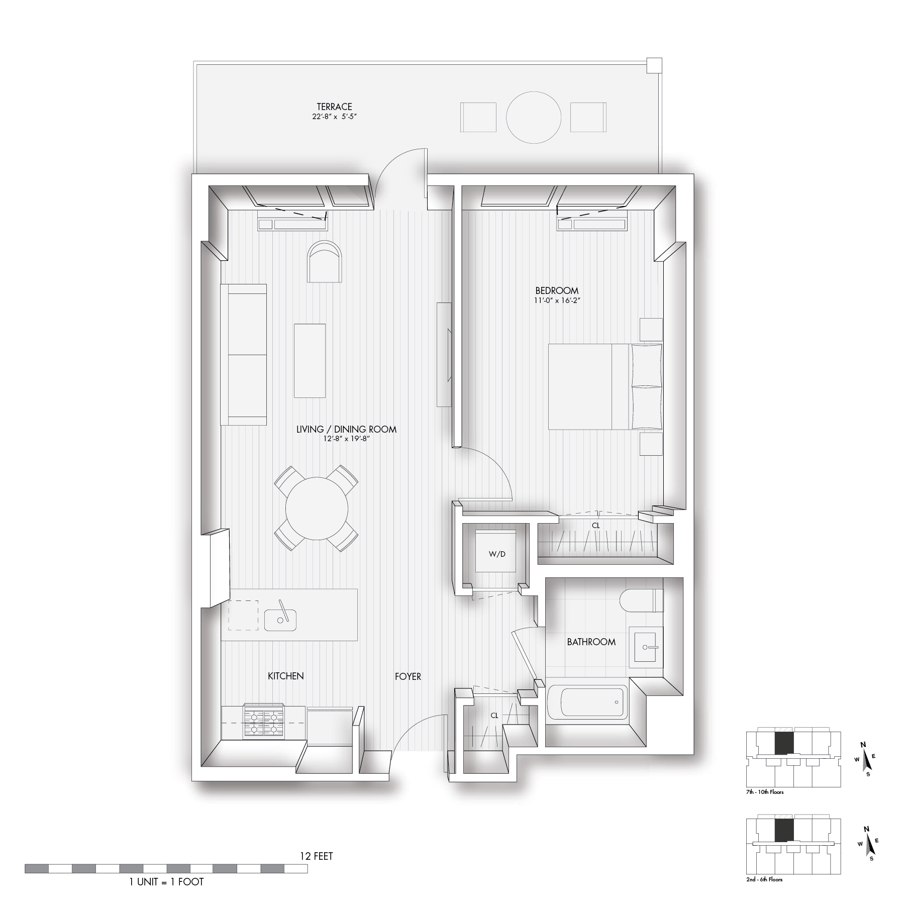 Floor plan for 1 bed, 1 bath, 705 sqft